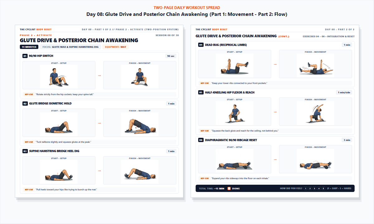 Two-page sample session from the 30-day playbook, with illustrated movement setups and cues
